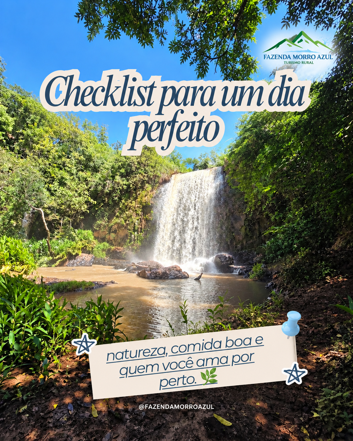 Projeto da Fazenda Morro Azul com cachoeira, textos e marca completos